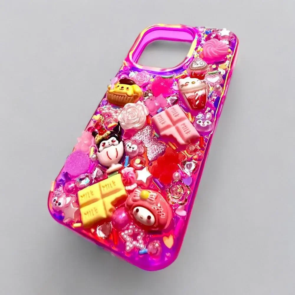 Decoden Junk Style Phone Case, iPhone 16 PRO Handmade Sanrio Theme Hot Pink